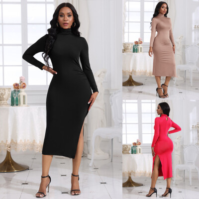 Womens High Neck Long Sleeve Bodycon Dress Party Slim Stretch Split Fork  Dresses | eBay