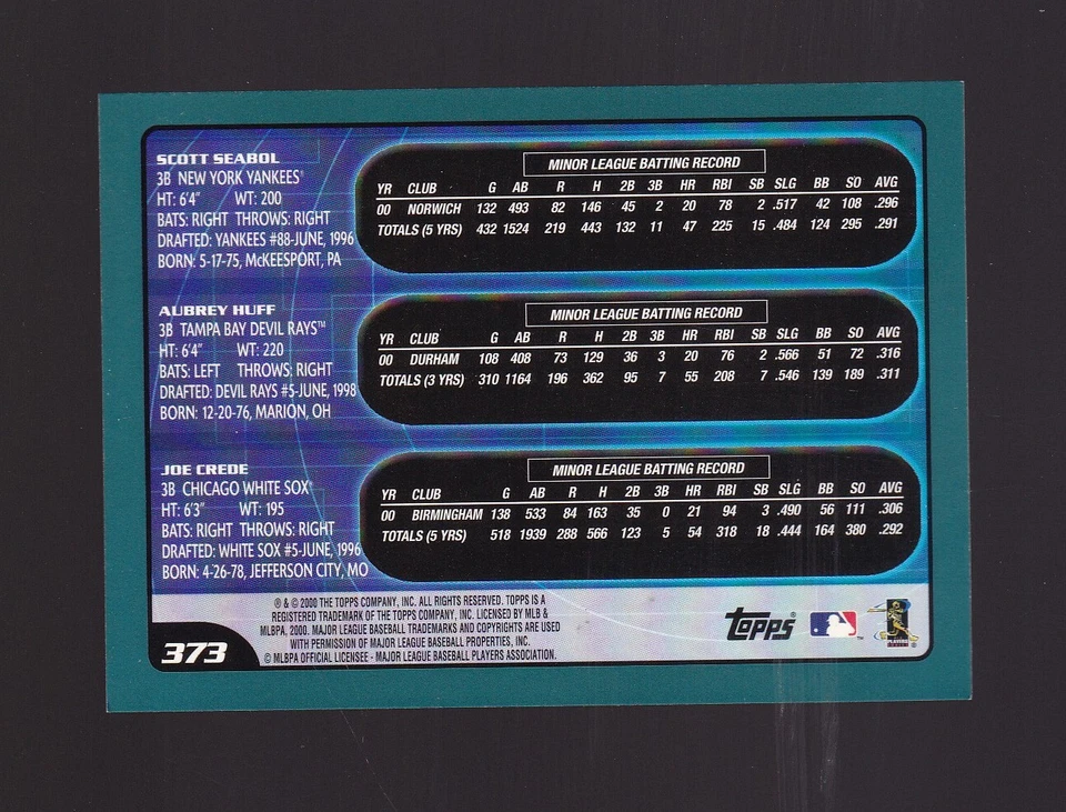 2001 Topps Prospects Scott Seabol Aubrey Huff Joe Crede novato #373 error Foto 2 de 2