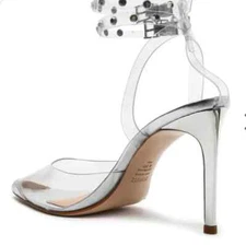 Women's Shoes Designer Schutz Cleary Vinyl Metallic Silver Leather Crystal Strap