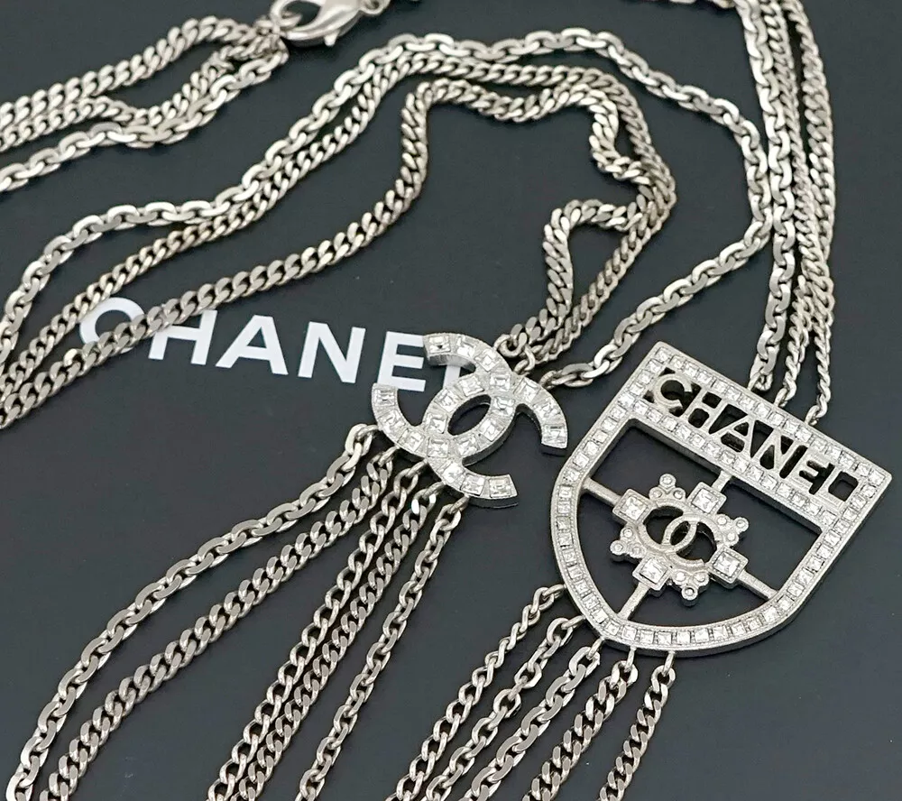 Chanel Necklace Multi Chain Silver CC Diamante Pendant