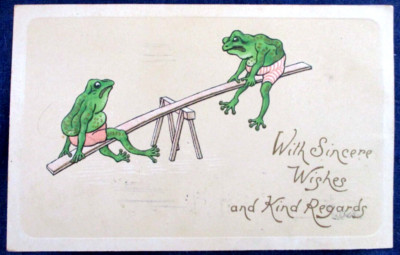 Unusual~Frogs on See Saw~Teeter-Totter~Antique Fantasy Greeting Postcard~d422