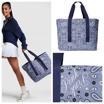 VS VICTORIAS SECRET PINK REVERSIBLE TOTE TRAVEL BAG BLUE PAISLEY 