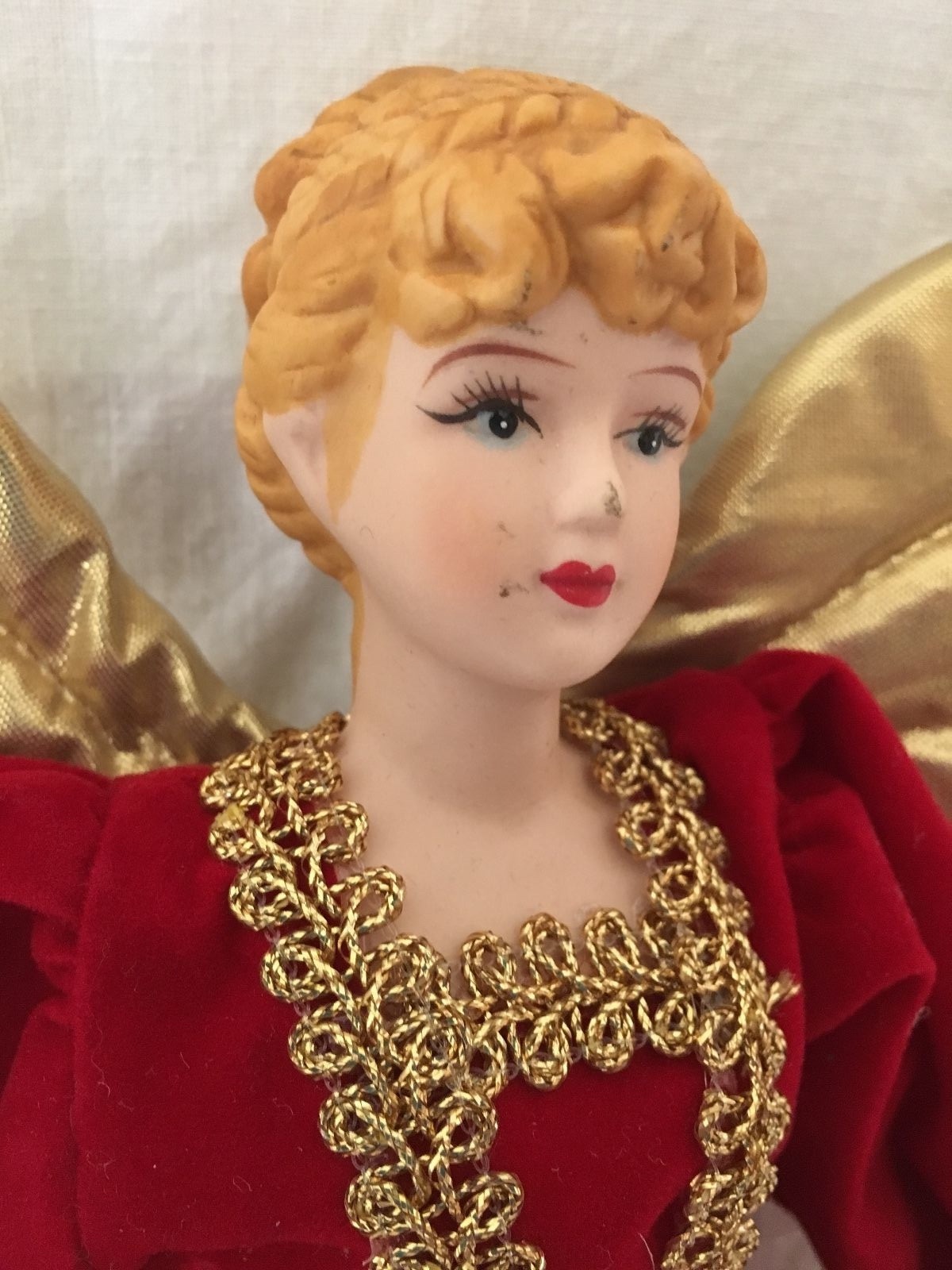 Angel Christmas Tree Topper Ornament Porcelain Red Velour Gown Gold
