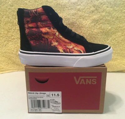 VANS Boy's SK8-HI ZIP DRAGON SNEAKERS Kids size - 11.5 Black / Dragon flame  NIB