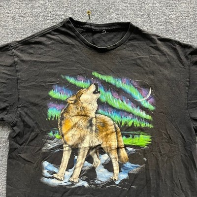 Unbranded T-shirt Mens XL Black Wolf Northern Lights Graphic Short Sleeve Cotton