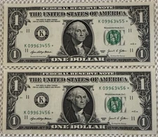 Lot of Two (2) $1 SEQUENTIAL *STAR NOTES UNC Crispy, 2021, S/N 09963455 & 3456.