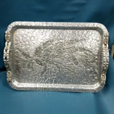 VTG MCM Hammered Aluminum Serving Tray Etched Tulips Floral Bow Handles