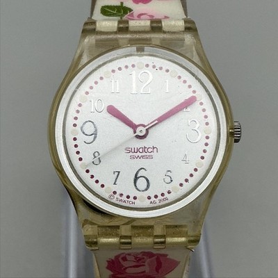 Swatch My Beloved Mom Womens Watch 25mm Silver Tone Floral Band Pink Hands