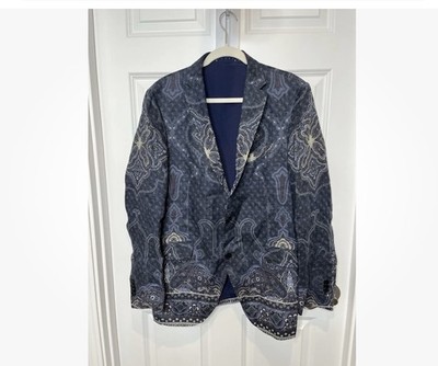 ETRO EU 54 Blue Navy Paisley-Jacquard Silk Blazer US 44 Made In Italy Milano