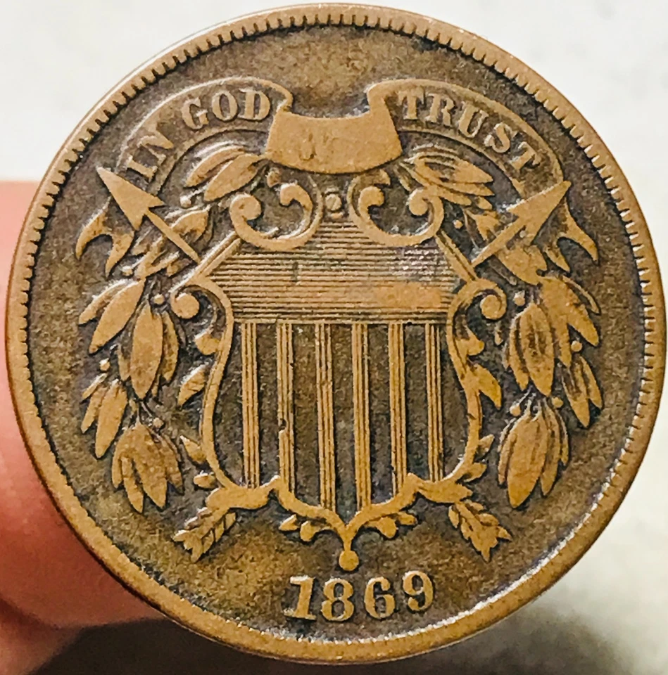1869 Two Cent Piece 2C Ungraded Circulated Civil War Era US Copper Coin CC28450 - Image 2 of 4