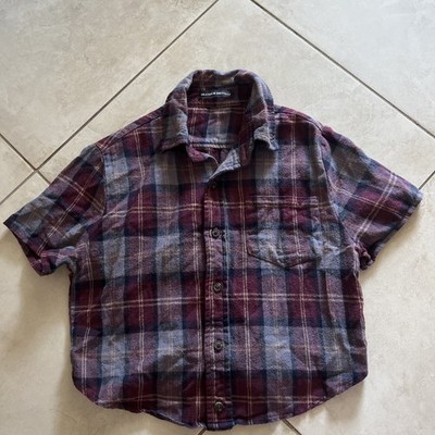 Brandy Melville Maroon Plaid Short Sleeve Collared Flannel Cropped XS