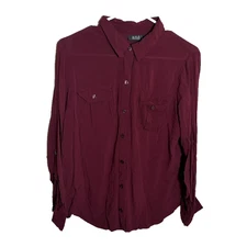 ANA A New Approach Blouse Women's Petite Large Maroon Long Sleeve Collared Top