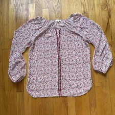 Max Studio Blouse M Red White Floral Boho Peasant Top Long Sleeve Loose Flowy