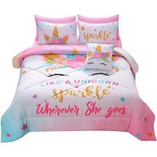Unicorn Queen Bedding Sets for Girls ,8 Piece Bed in A Bag 3D Colorful Flower...