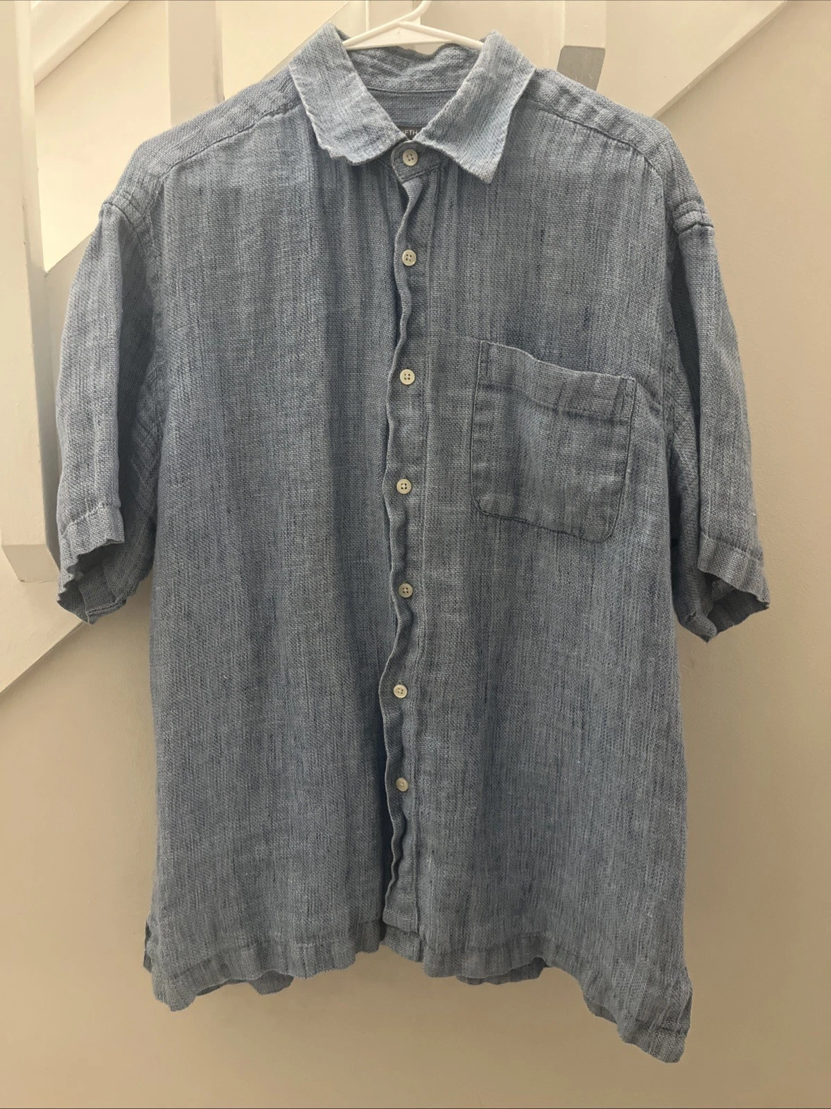 Saks Fifth Avenue Blue 100% Linen Short Sleeve Buttonup Shirt Size L