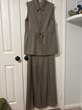 Zara beige Twill Button Vest Top Matching Wide Leg Pant Set L 