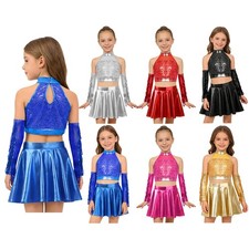 Kids Girls Dancewear Crop Top Outfit Rumba Sets Sleeveless Dance Sparkly Jazz