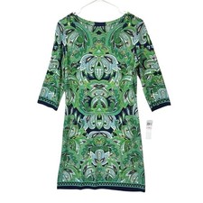 London Times Paisley 3/4 Sleeve Shift Dress Womens Size 10 Green Navy NWT
