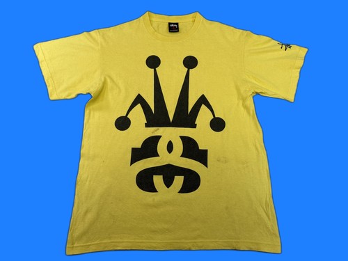 Stussy Crown Logo Graphic Tee Mens L Yellow 100% Cotton Regular Fit Short Shirt