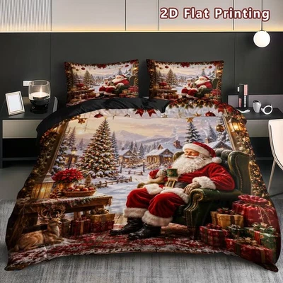 Christmas Santa Vintage Bedding Set Queen Doona Quilt Duvet Cover Pillowcase - image 1 of 4