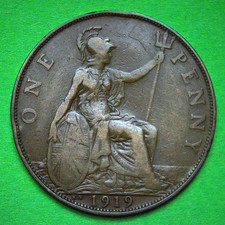 1919 KN George V ONE PENNY, British Bronze Coin - Kings Norton Mint  NICE  a