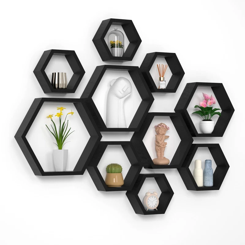 Wonfulity Hexagon Floating Shelves Honeycomb Wall Mounted Wood Farmhouse