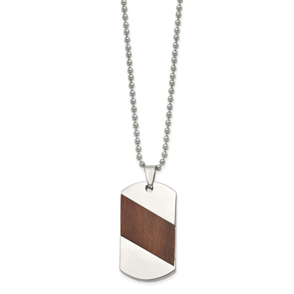Titanium Polished with Rosewood Inlay Dog Tag Pendant Necklace 22" 27.87gm - Image 2 of 4