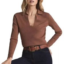 REISS Natalia Polo Knit Collar Sweater Brown - Small