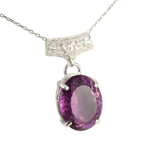 Silver Natural Oval Purple Amethyst Pendant Necklace 16+2 inch Chain - 第 1/10 張圖片