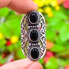 Natural Black Onyx Gemstone Handmade 925 Sterling Silver Ring Size 6.5 Gift k651
