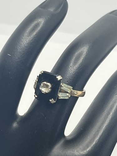 10k gold filled & sterling black stone rhinestone ring size 4.5 vintage - Picture 13 of 16