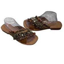 Crown Vintage Sandals Women's 10M Somaya Slides Brown Leather Casual Rhinestones