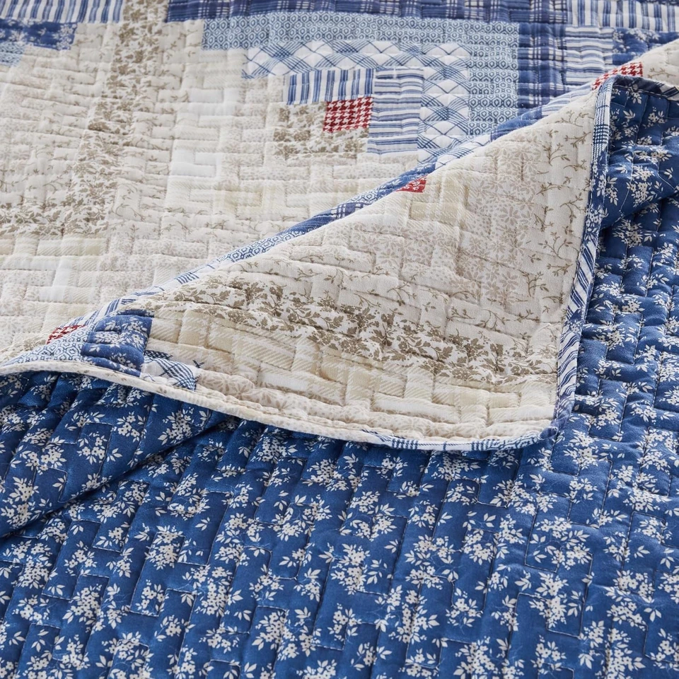 FARMHOUSE LOG CABIN BLUE 3pc King / Cal QUILT SET : COZY COTTAGE FLOWERS PLAID - Image 4 of 4