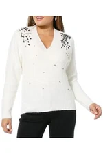 DG2 by Diane Gilman Women's Rhinestone V-Neck Sweater White