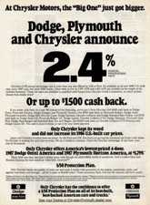 1986 Vintage Print Ad At Chrysler Motors, Dodge Plymouth Chrysler announce 2.4%