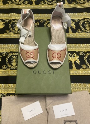 NEW GUCCI SHOES RAFFIA WEDGE ESPADRILLES WRAP AROUND G LOGO SANDALS $740 G 37