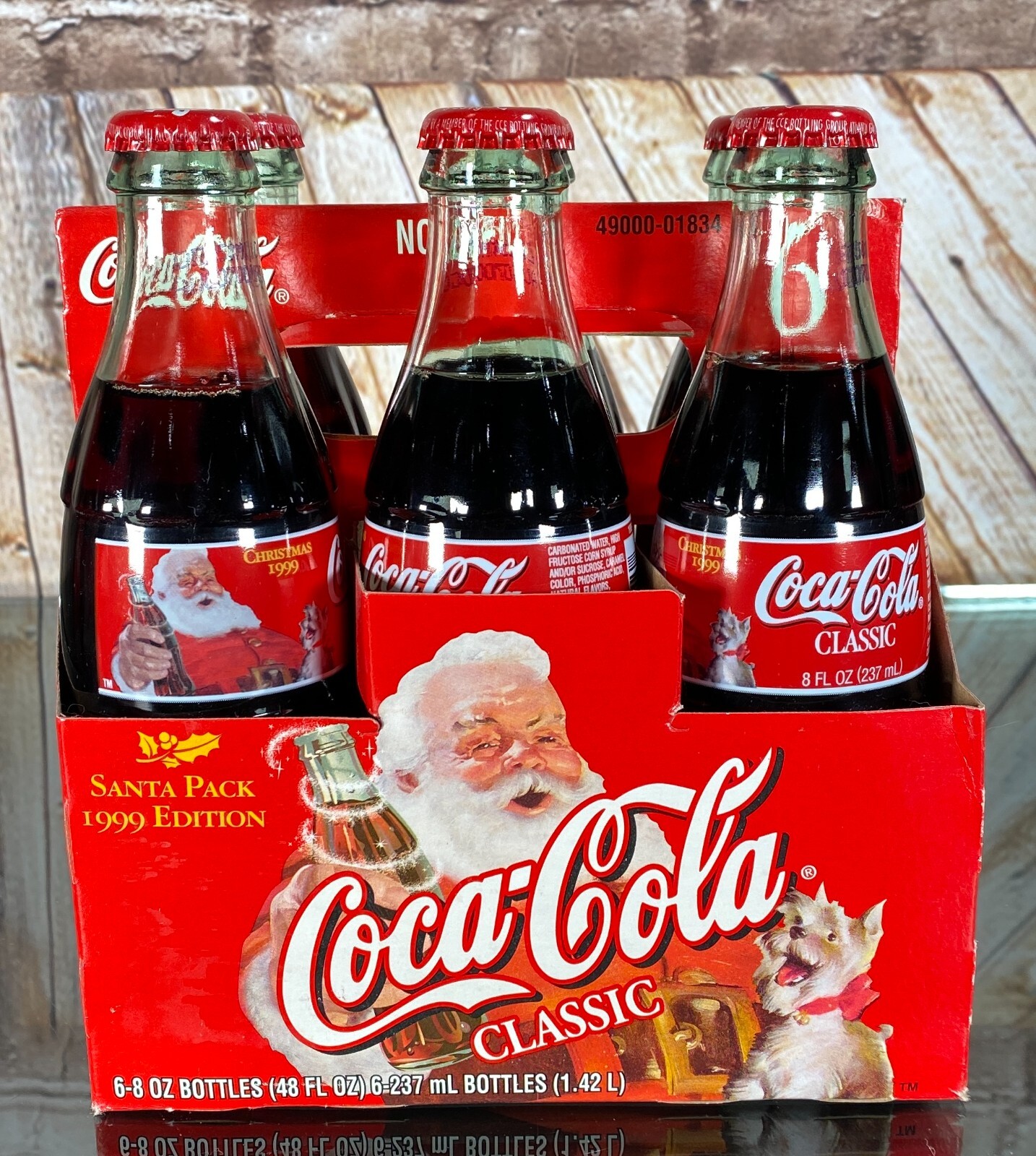1999 Christmas Holiday 6-Pack Coke Bottles Coca-Cola Classic Santa Terrier Dog