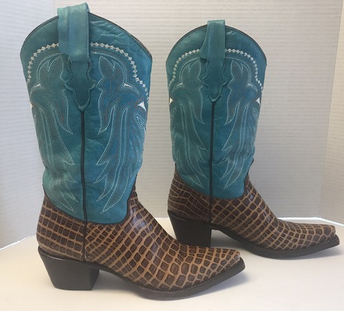 ROPER Womens Sz US 7-7.5M Exotica Squares Western Boots 100% Leather Embroidered