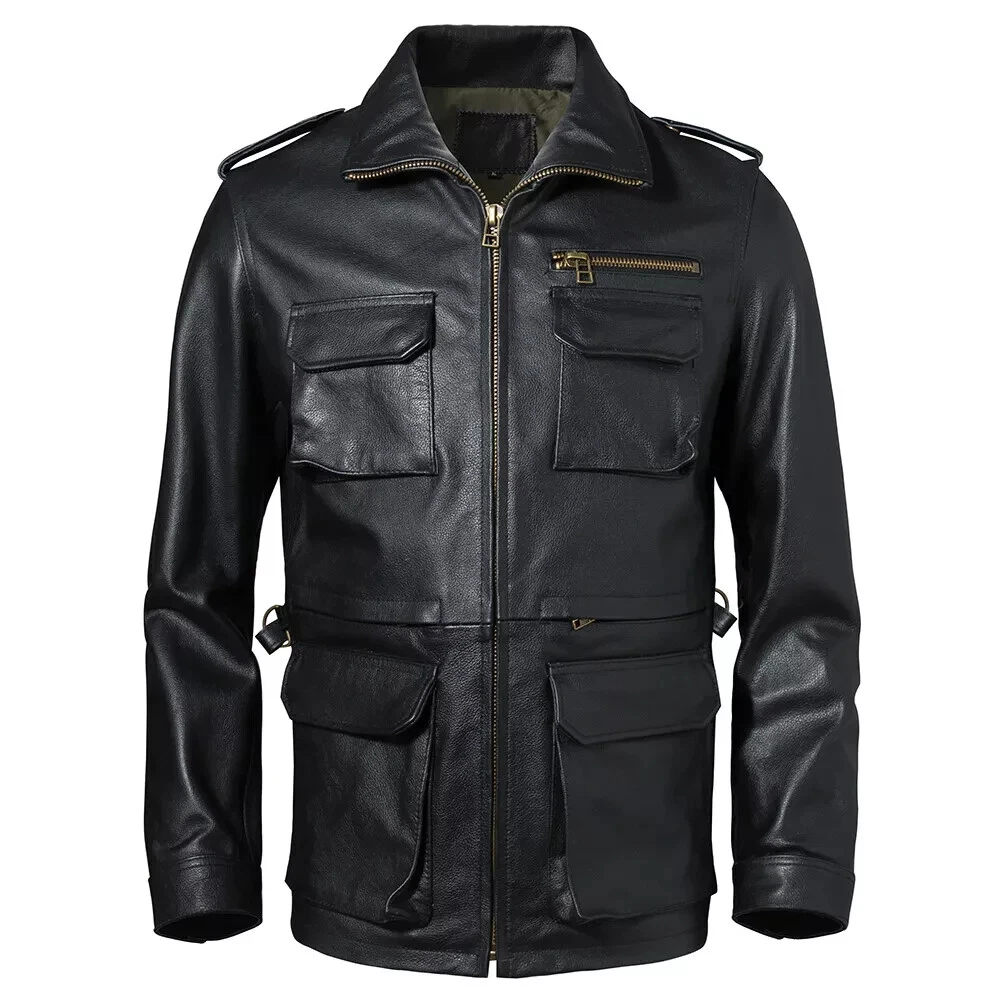 Men's Genuine Cowhide Leather Black Field Jacket Thick Military Coat Windbreaker