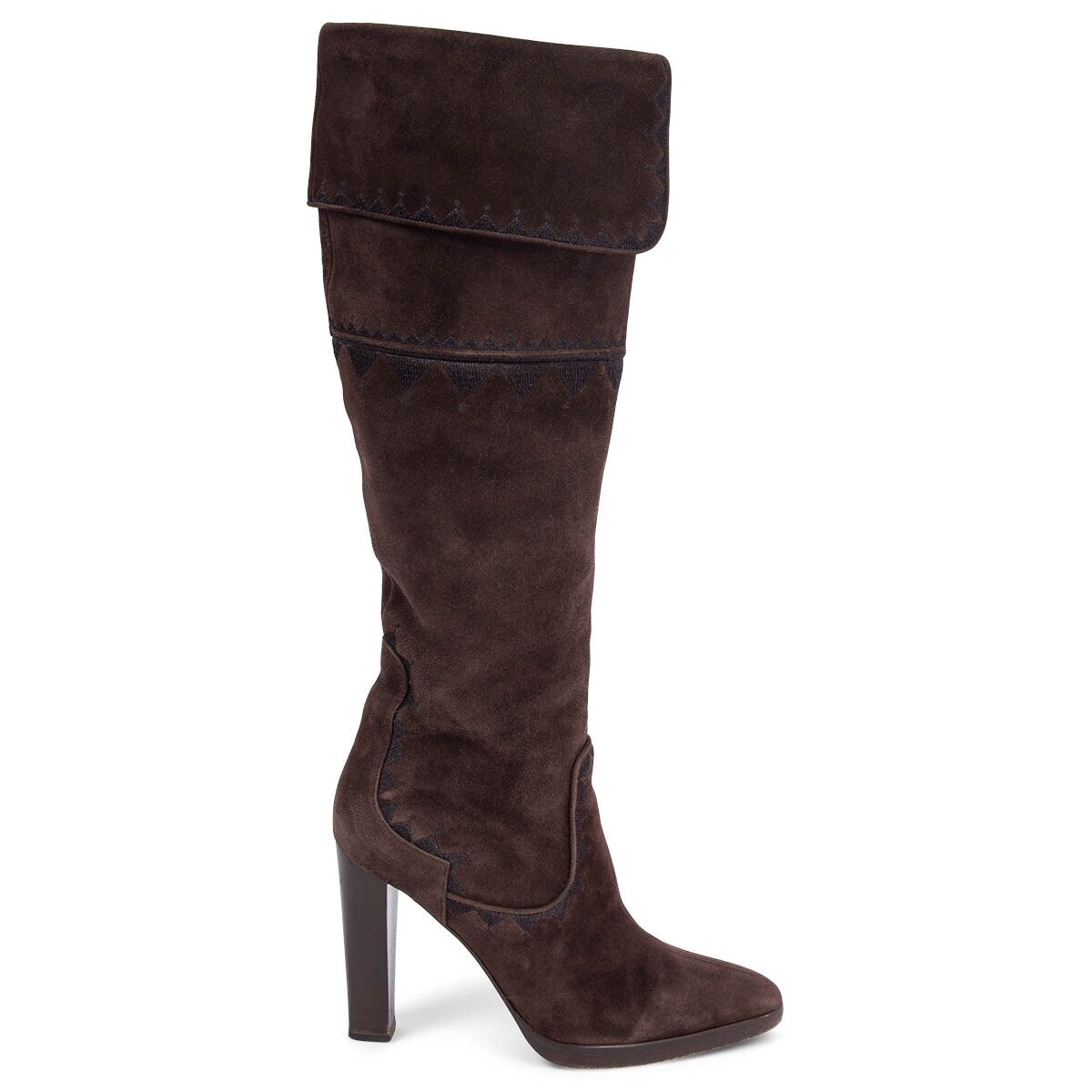 67151 auth HERMES brown suede EMBROIDERE Knee High Platform Boots Shoes 38