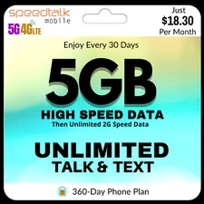 SpeedTalk Mobile Prepaid SIM Card Kit 5G 4G LTE No Contract 360 Days Phone Plan