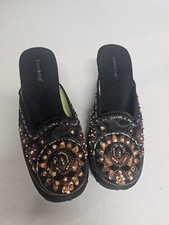 Vintage Bamboo Wooden/satin Clogs Beaded Embroidery Boho Size 10 Cloggy