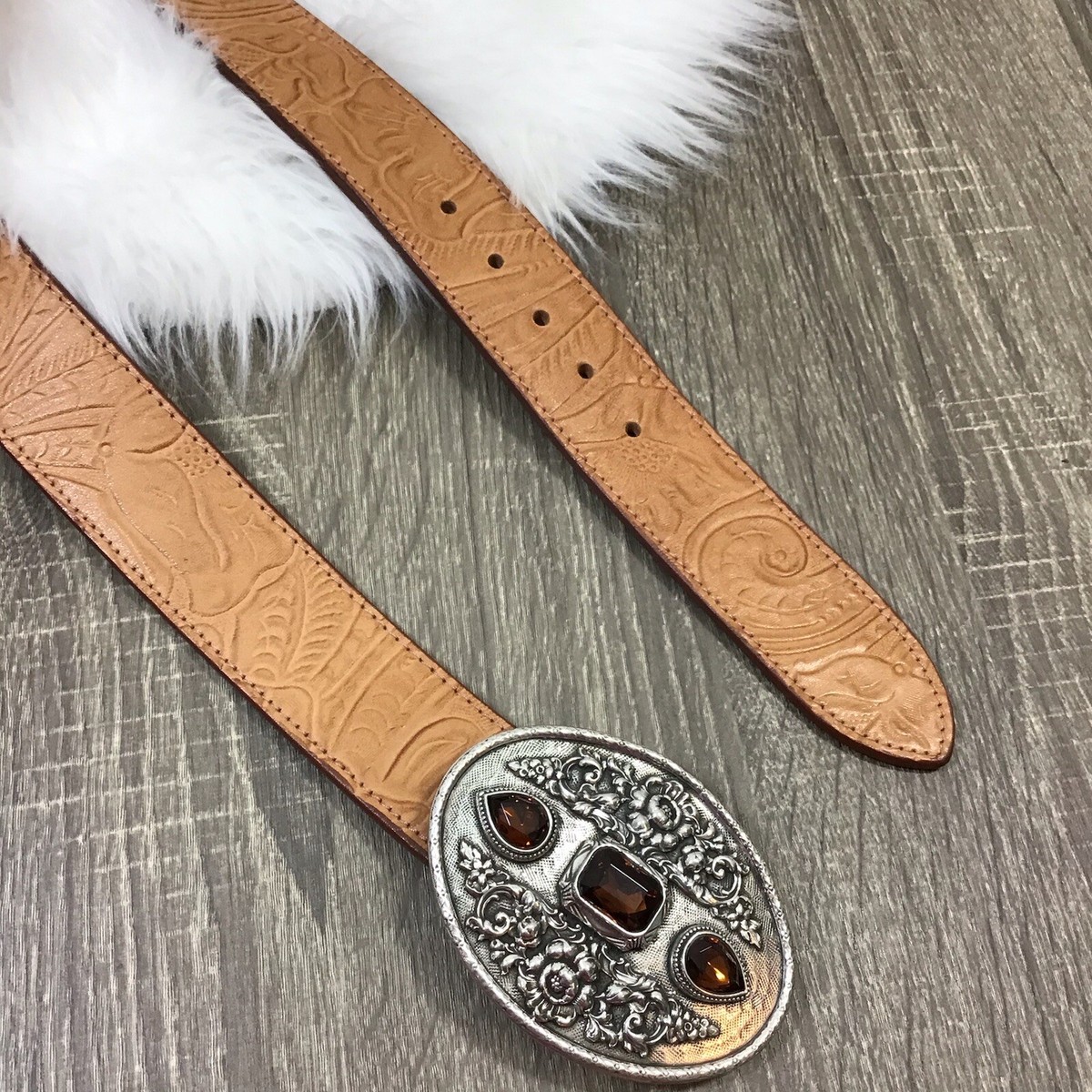 Tooled Tan Leather Belt Moulin Rogue Oval Silver Buckle 