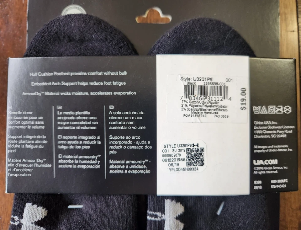 ПОД ARMOUR черный носки не показать молодежи UA 6 пара 13,5-4 Y заряженный хлопок новый - Изображение 4 из 4