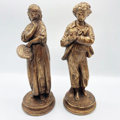 BORGHESE Vintage Pair of Italian Renaissance Chalkware Figurines Metallic Finish