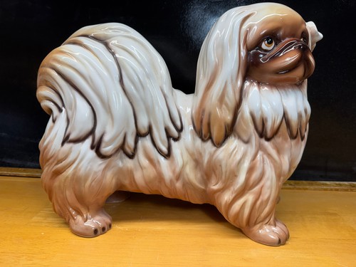 Large Vtg Ceramic Pekingese w/Bow Figurine Statue Dog Lover Cute 14"x10"