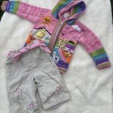Handmade Multicolor Hooded Cardigan And Vintage Oshkosh Toddler Pants W Floral