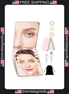 2 Pack Compact Makeup Mirrors with 30X Magnification and LED Lighting