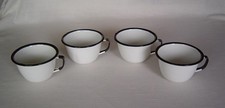 4 Vtg White Enamelware Cups W/ Black Rim Trim Coffee Cups Mugs FARM HOUSE NICE