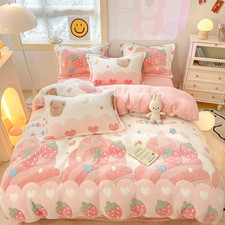 Kawaii Fluffy Pink Strawberry Duvet Cover Set for Twin Kids Bedding